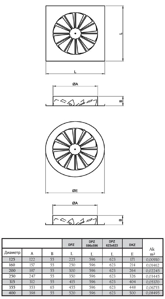 DPZ-125 диффузор вихревой (лицевая часть 171x171) — Габаритные размеры